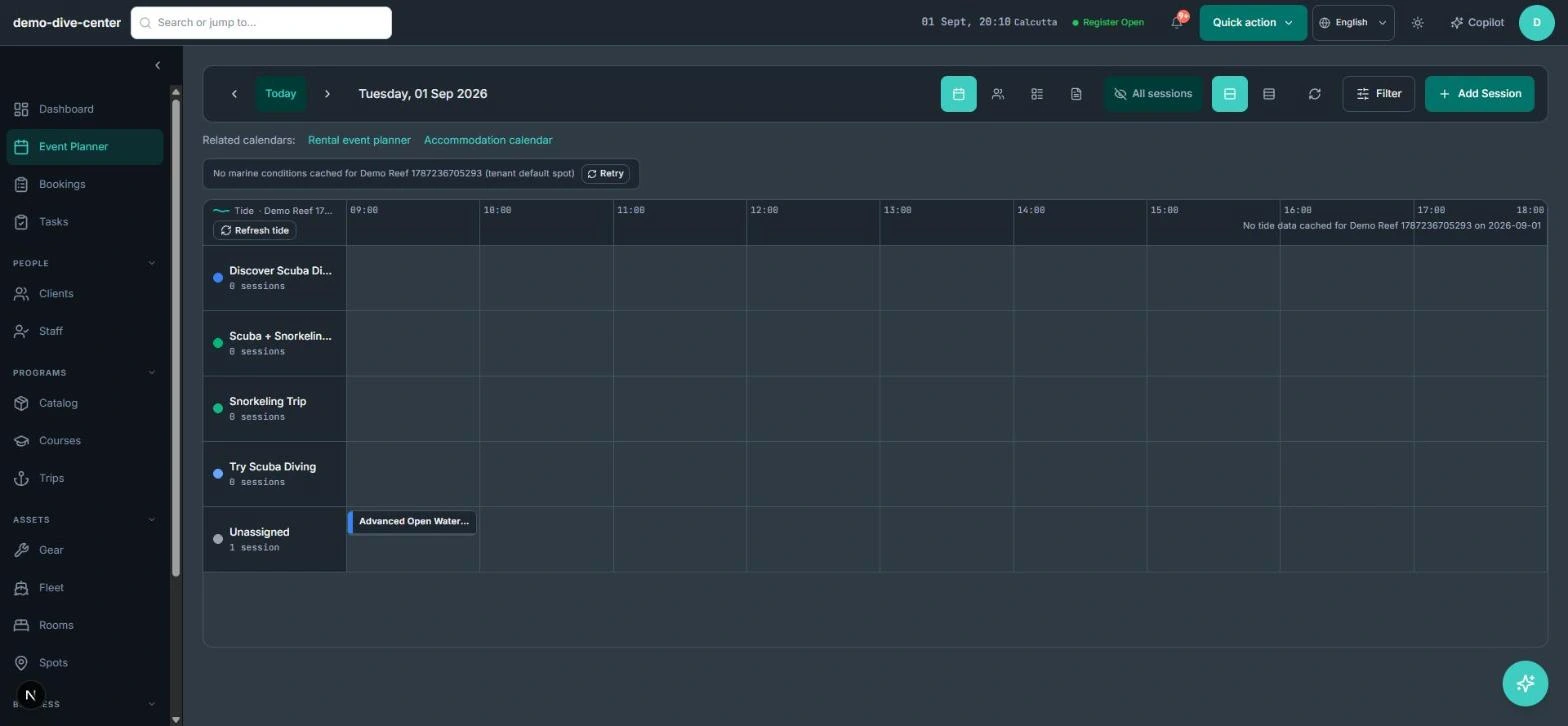 RidgeHQ event planner showing a day's sessions, staff, and resources on one timeline